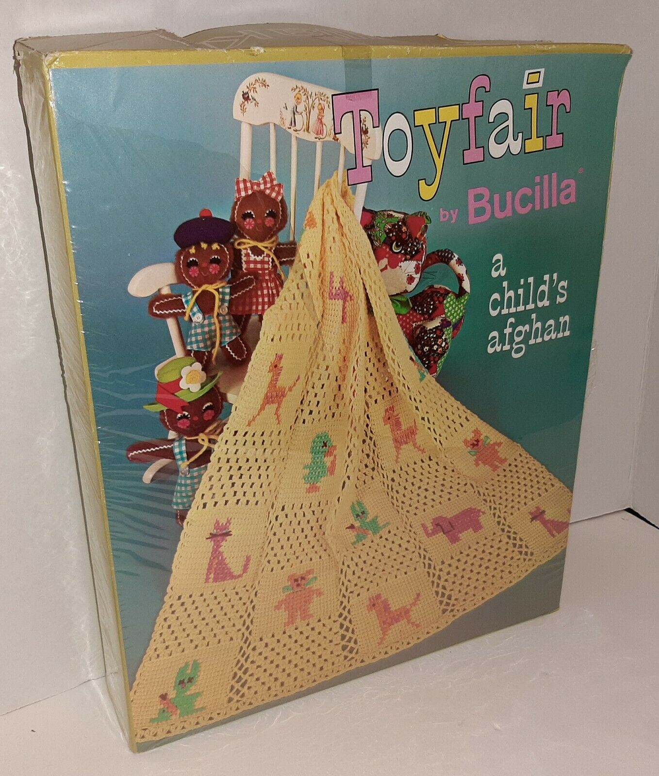 Toyfair Bucilla Crochet Knit Afghan Blanket Kit Child Animal Yellow Blanket Vtg