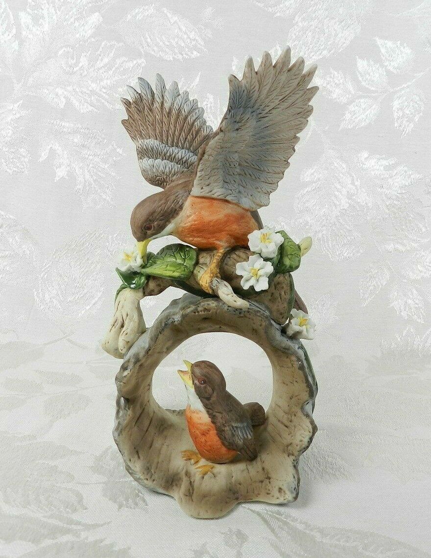 Vintage Westminster Bird Figurine Robin & Baby Chick Hollow Log Porcelain 7-3/4"