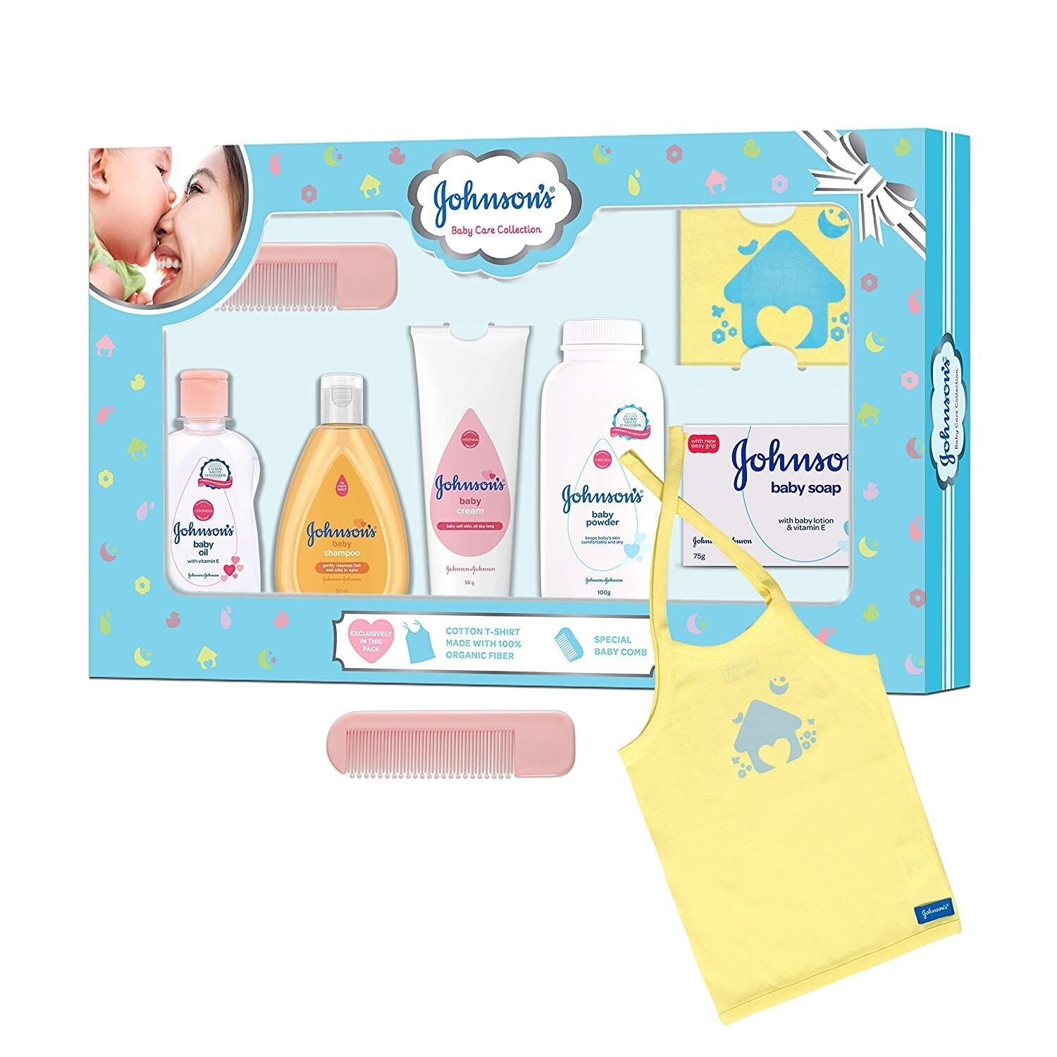 Johnson's Baby Care Gift Set With Organic Cotton Baby T-shirt (7 Gift Items)