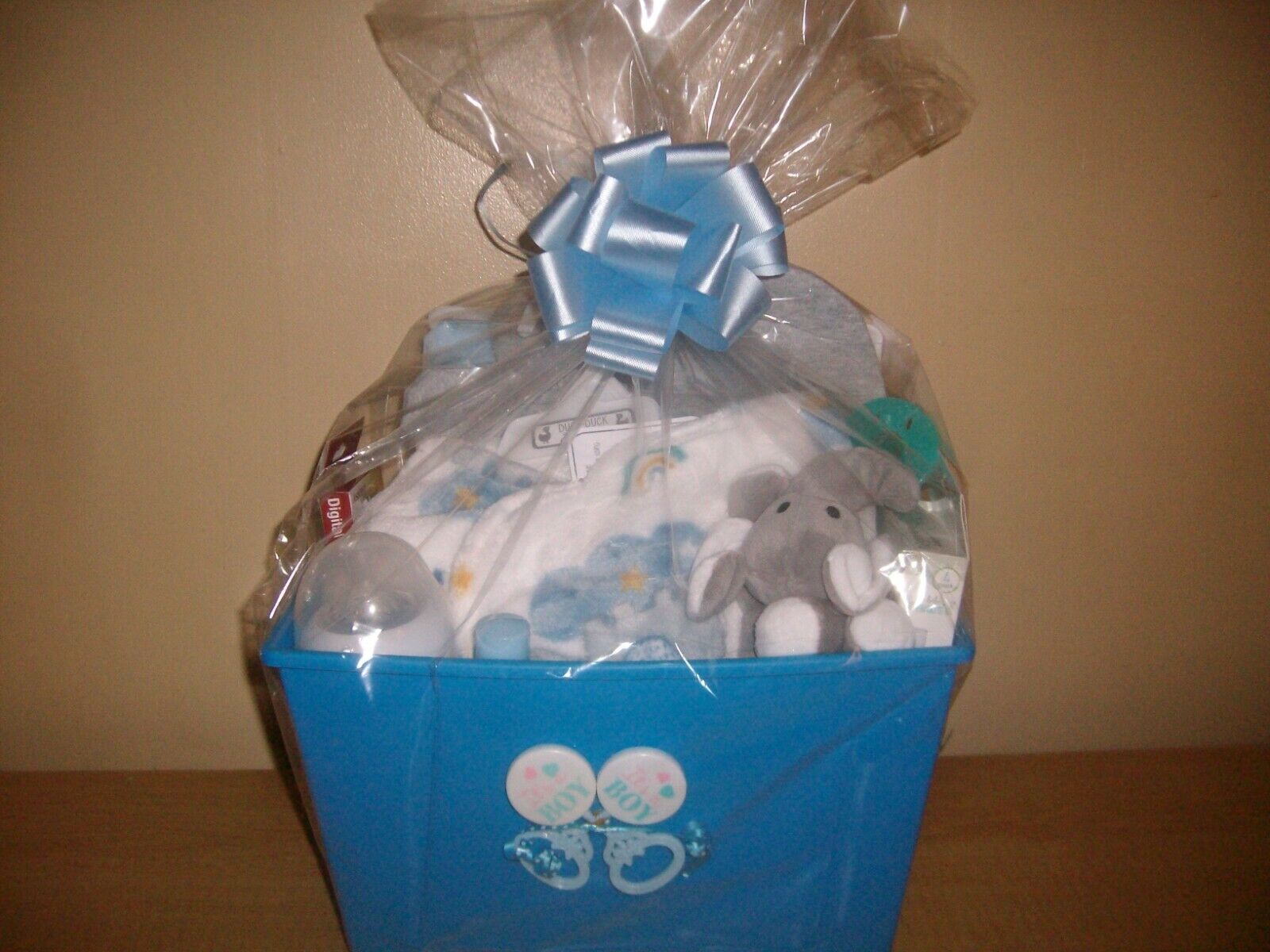 Baby Boy Elephant Themed 20 Piece Deluxe Baby Shower Gift Basket Or Centerpiece
