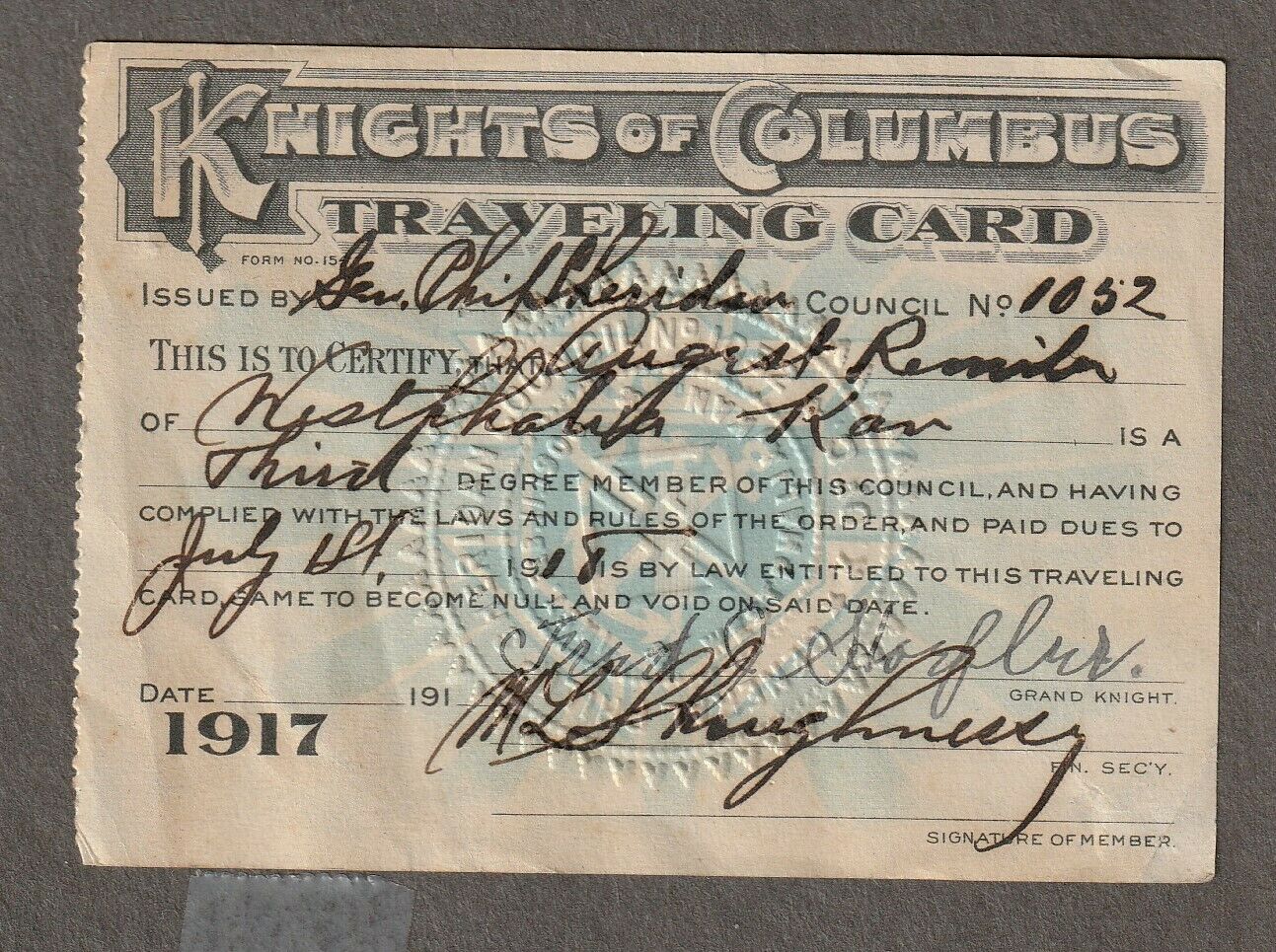 Vint. 1918 Knights Of Columbus Traveling Card~westphalia, Ks~august R-3rd Degree