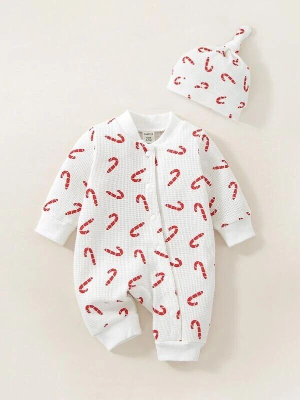 Cute! & Warm~baby / Toddle S Candy Cane One Piece Pajama S W/beanie ~ Size 3-6m
