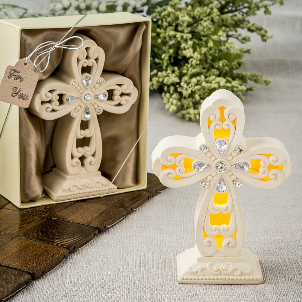 Glowing Ivory Color Standing Cross Statue With Led Light One Piece