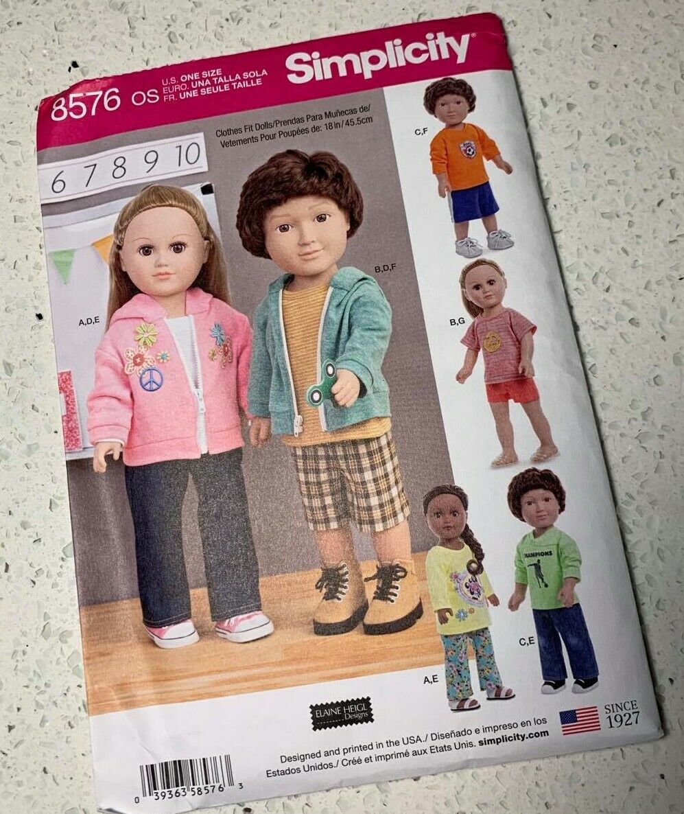 Simplicity 8576 18" Unisex Doll Clothing Pattern (new, Factory Folded, Uncut)