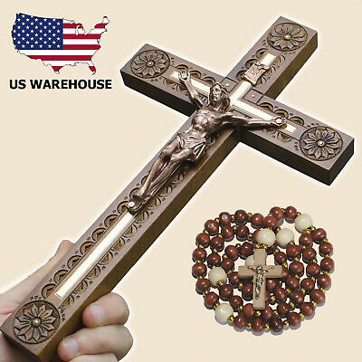 Carved Wooden Wall Cross 12.4" Crucifix Jesus Christ Religious Gift + Rosary