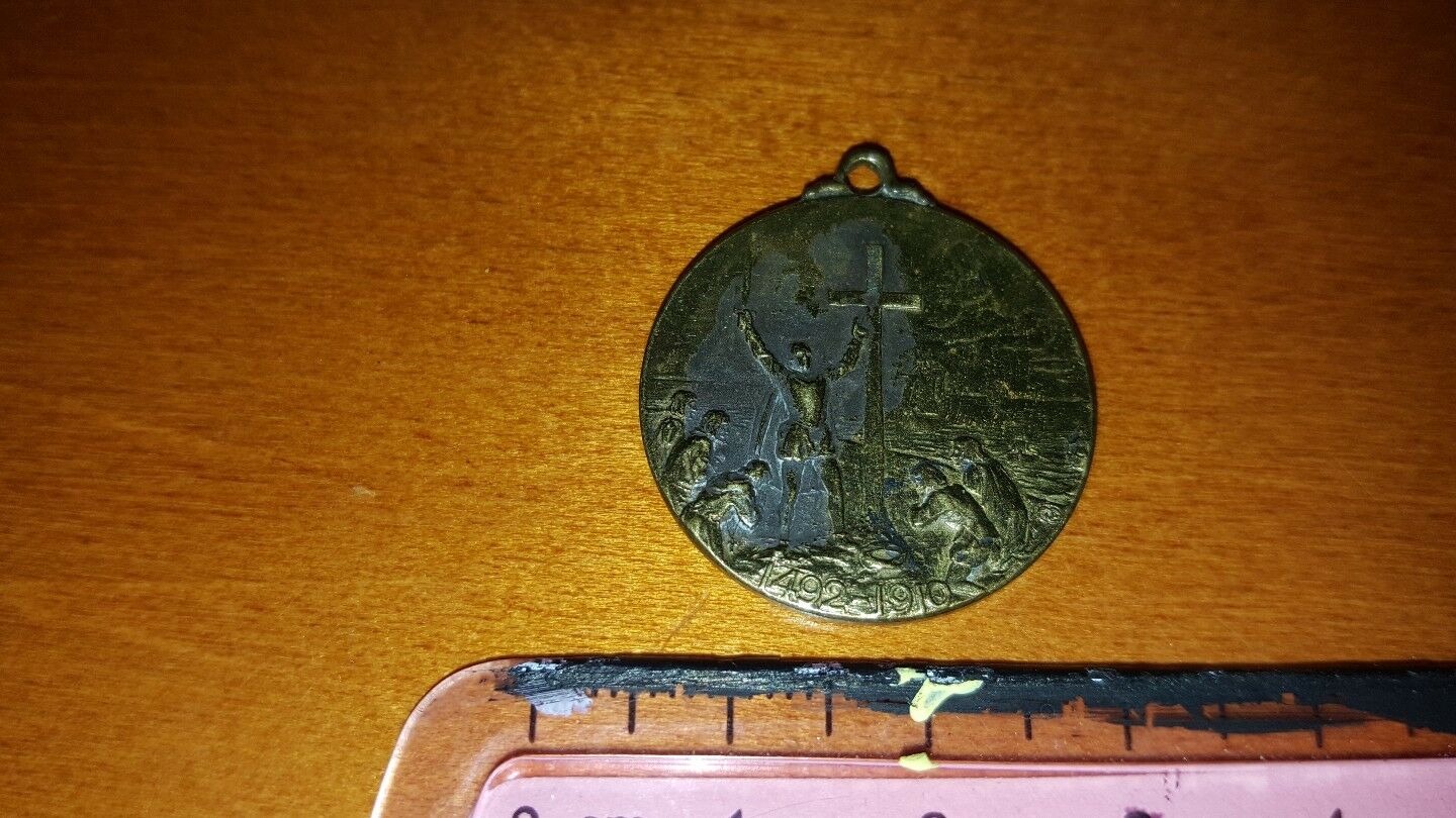Vintage 1910 Medal Pendant Christopher Columbus Day October 12 Massachusetts