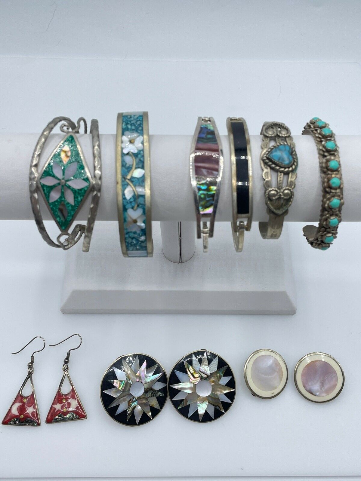 Vintage Mexico Southwestern Jewelry - (6) Bracelets & (3) Earrings Lot - Alpaca