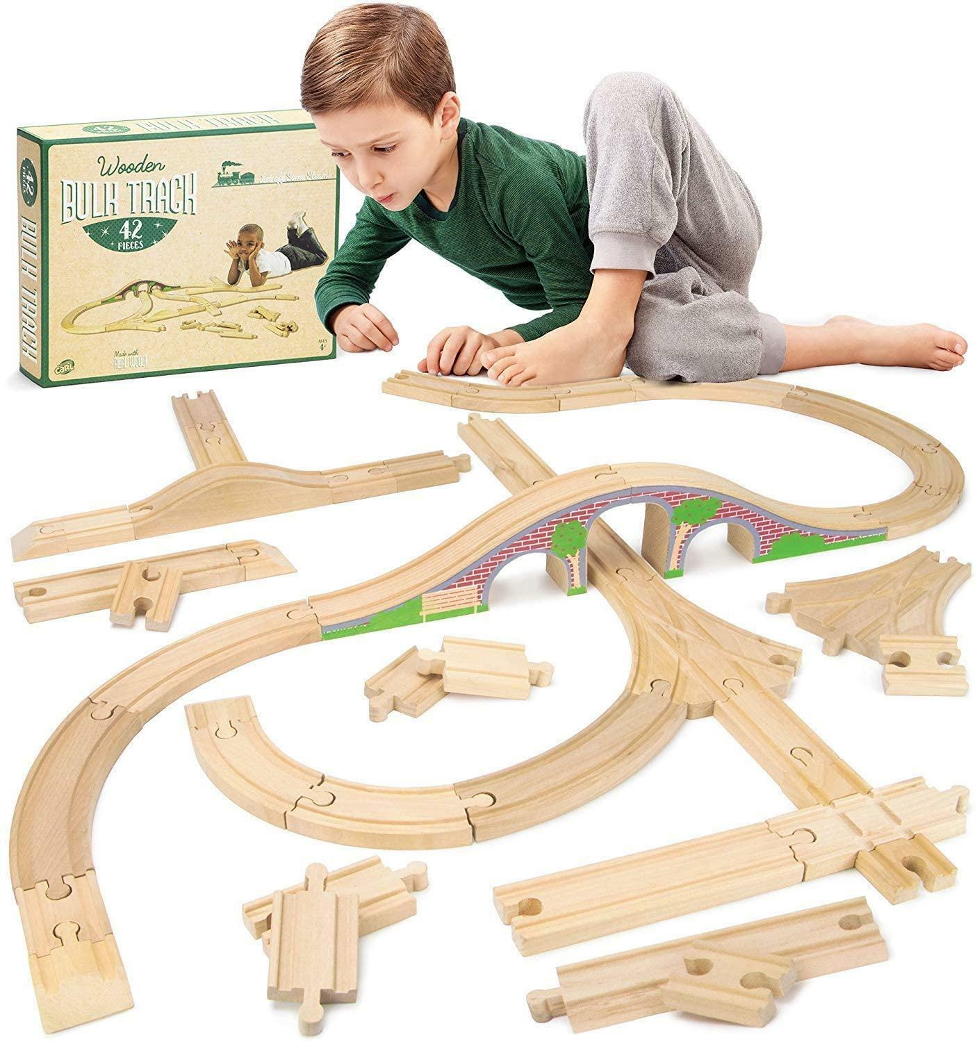 42-piece Bulk Value Wooden Train Track Booster Pack With Red Brick Bridge