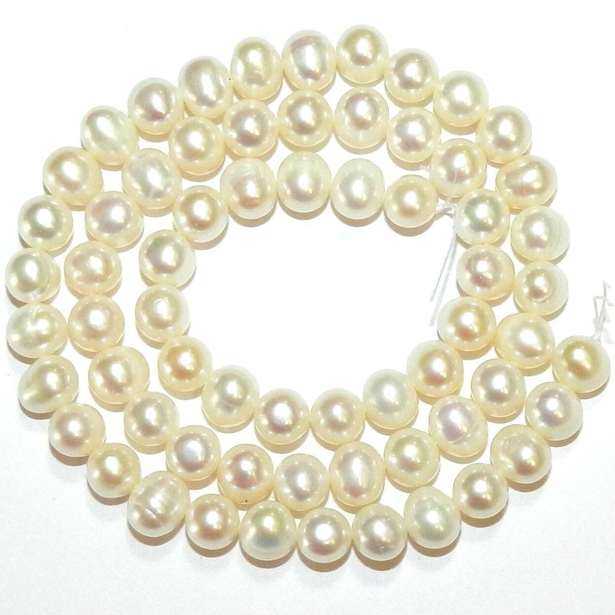 Np325 White 7mm Semi- Round Cultured Freshwater Pearl Drilled Beads 14"